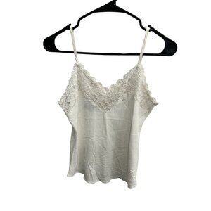 Vintage Judy Knapp Lace Trim V-Neck Cami Top White Sleeveless Rayon Intimate